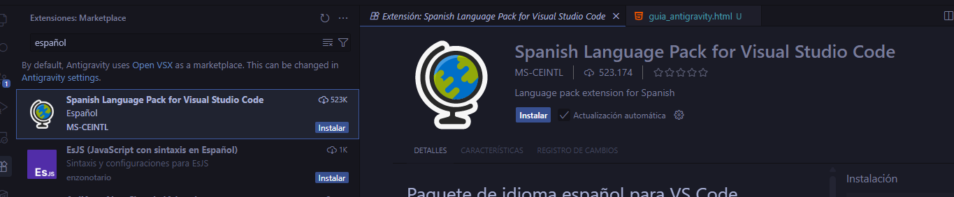 Búsqueda de extensión en español