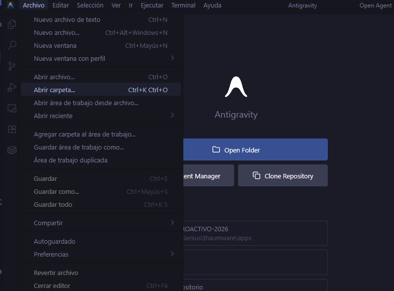 Abrir carpeta nueva en Antigravity