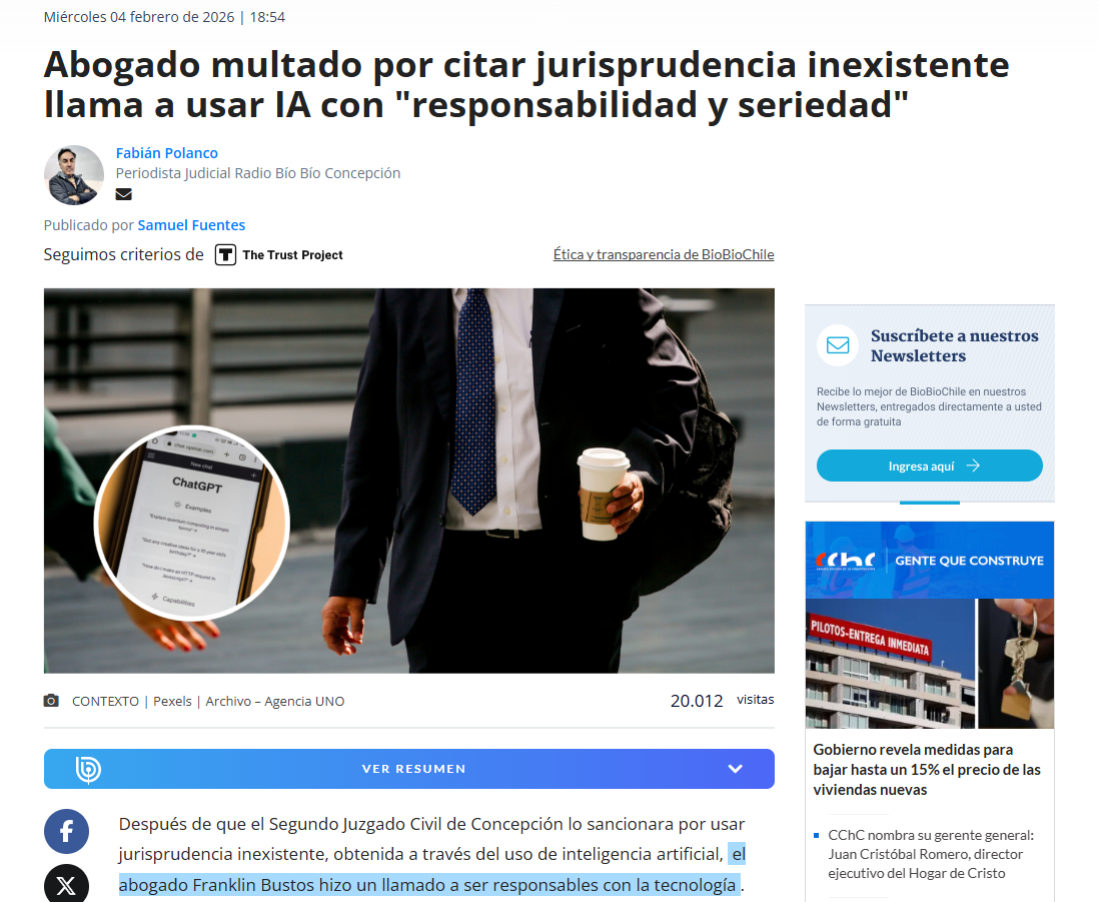 Noticia sobre abogado sancionado por citar jurisprudencia inexistente obtenida con IA