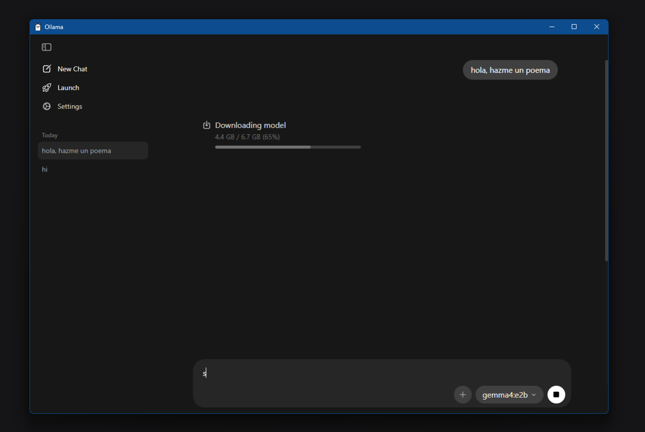 Interfaz de Ollama descargando un modelo